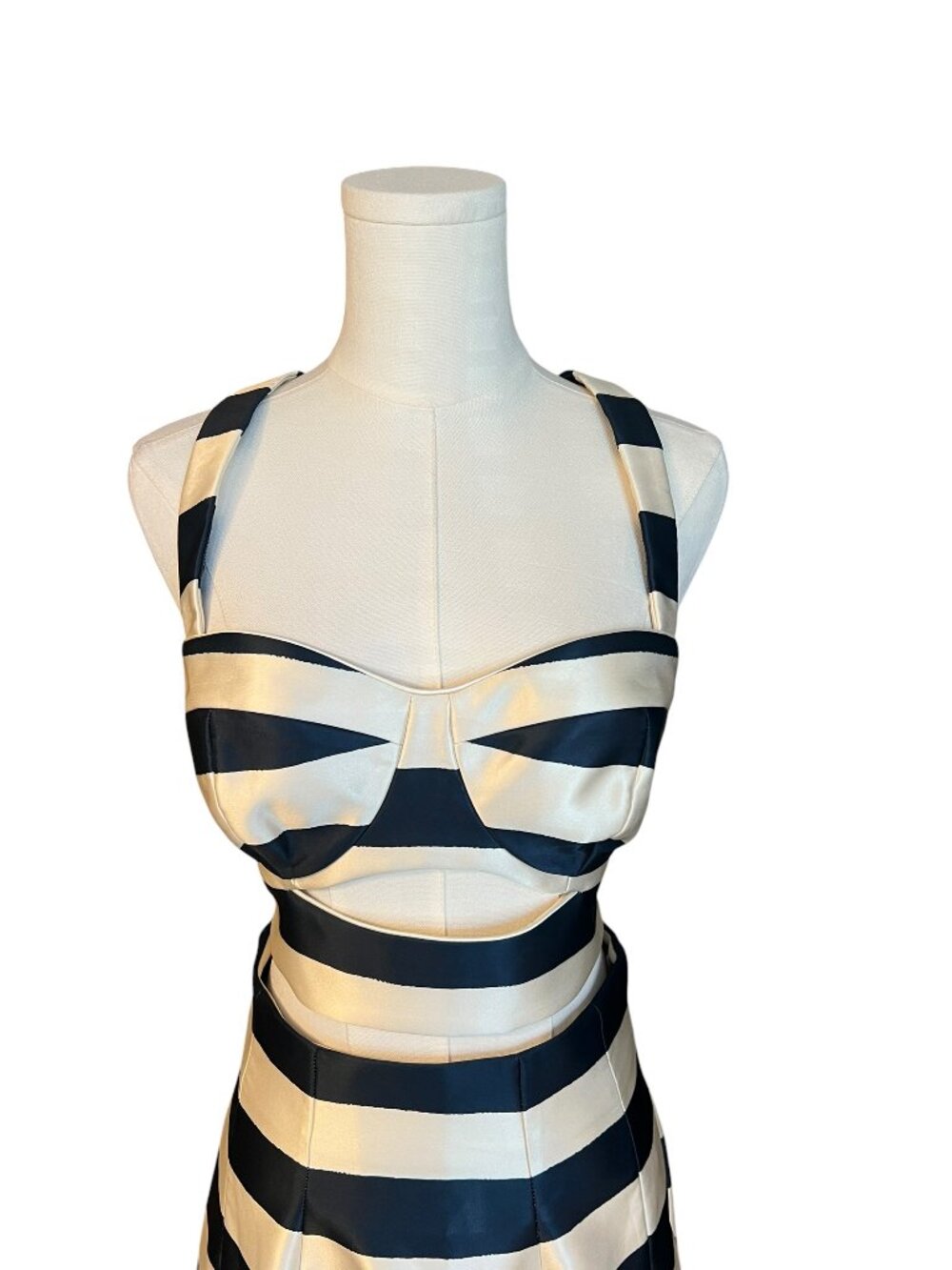 NICHOLAS Striped Satin Cutout Crop Top Navy Ivory | US 6